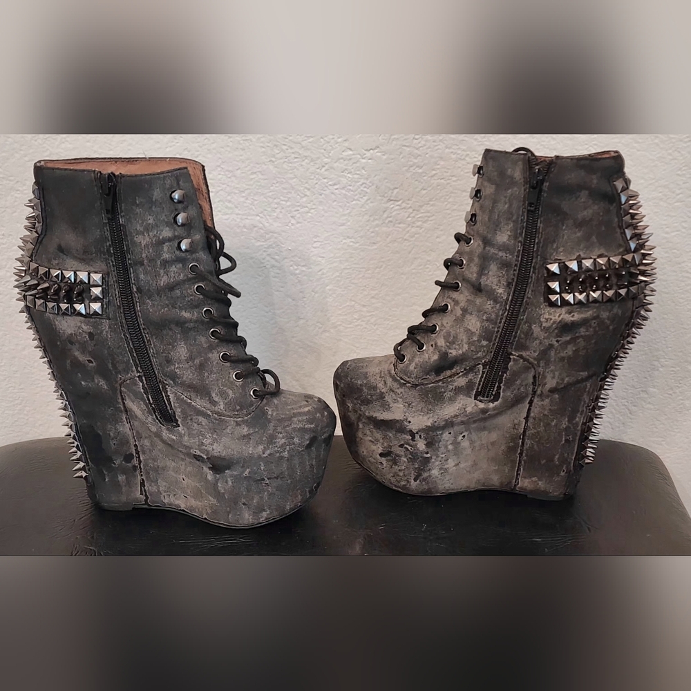 JEFFERY CAMPBELL Damsel - Spike Platform Wedge Ankle Boots, Grey, Size 7 - Picture 2 of 13